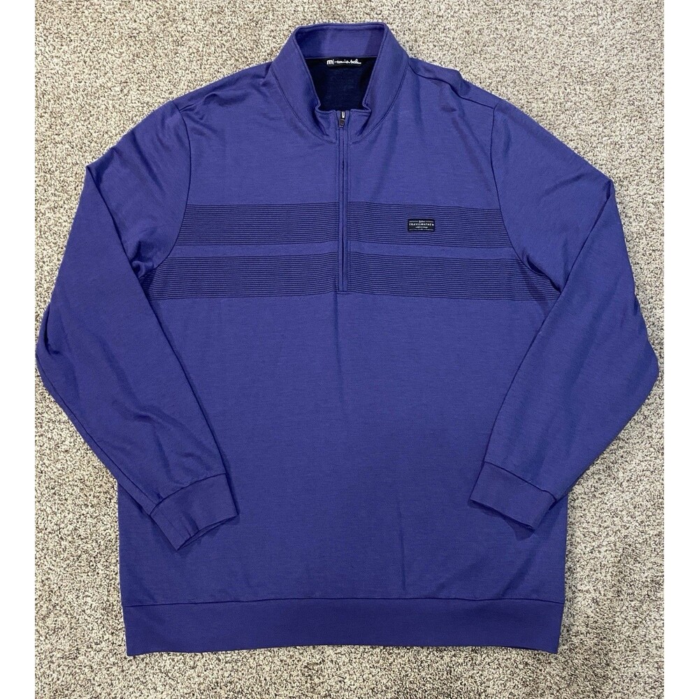 Travis Mathew 1/4 Zip Pullover Sweater Mens 2XL Blue Striped Golf Performance